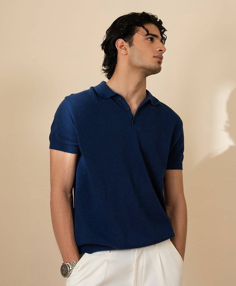 Blue Basic Mesh knitted POLO