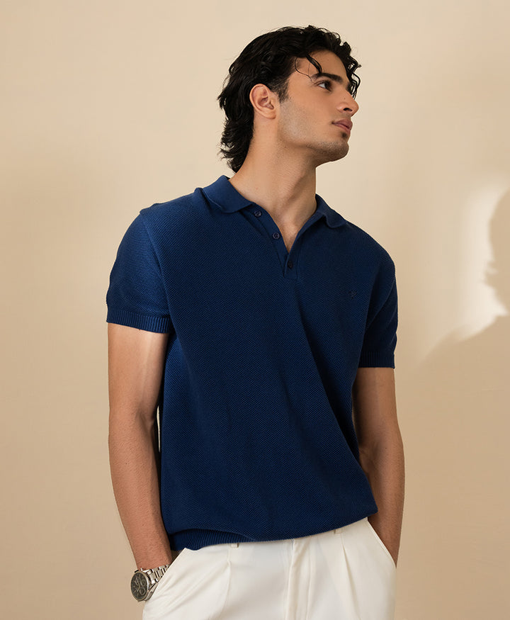Blue Basic Mesh knitted POLO