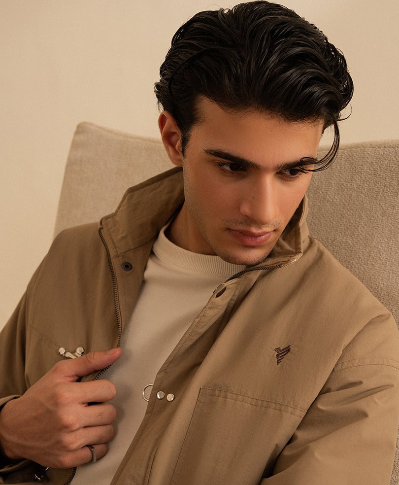 Beige Zip Front Utility Jacket