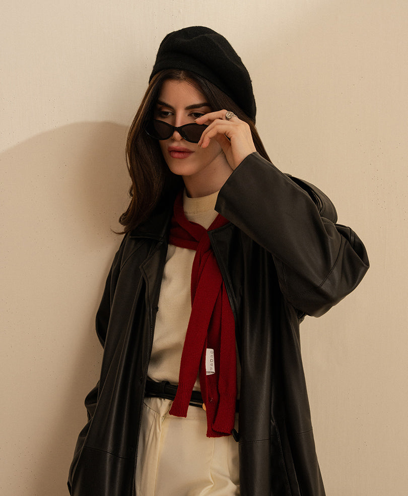 Black Faux Leather Long Coat (Women)
