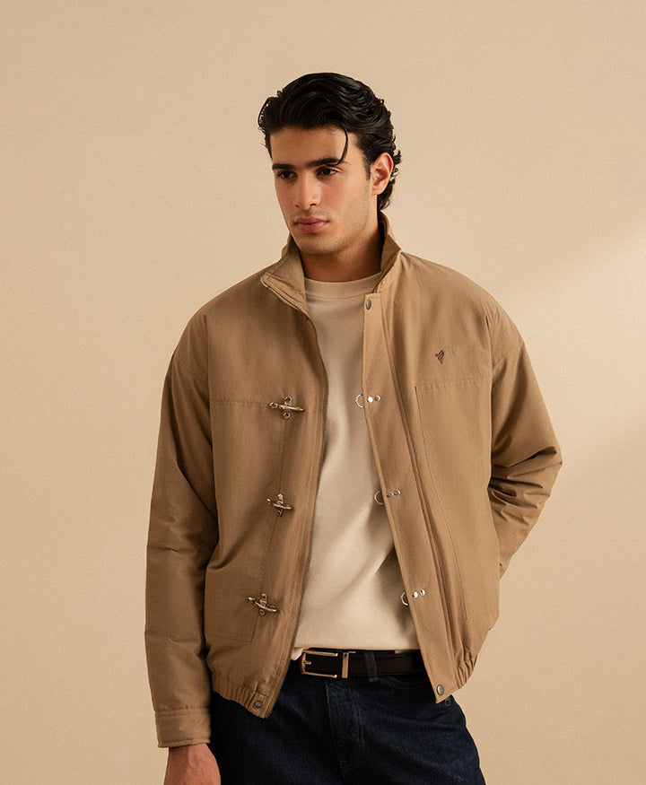 Beige Zip Front Utility Jacket