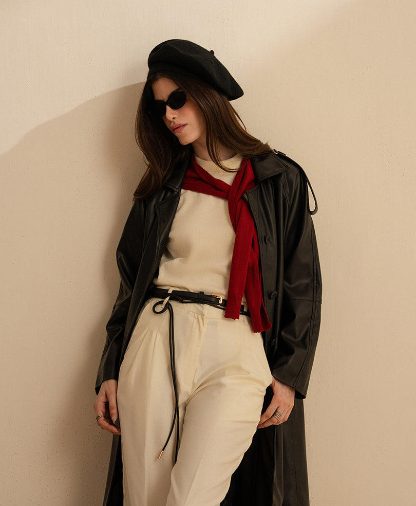 Black Faux Leather Long Coat (Women)