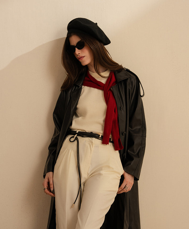 Black Faux Leather Long Coat (Women)