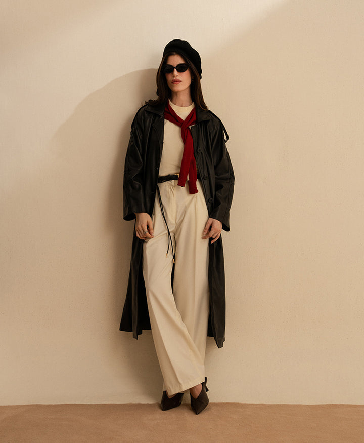 Black Faux Leather Long Coat (Women)