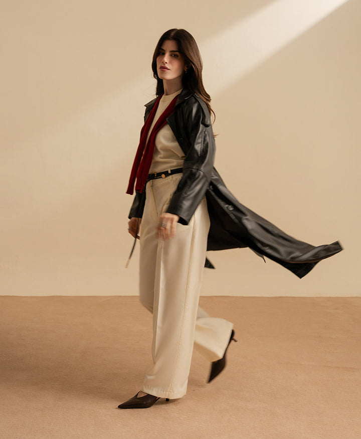 Black Faux Leather Long Coat (Women)
