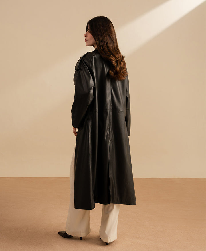 Black Faux Leather Long Coat (Women)