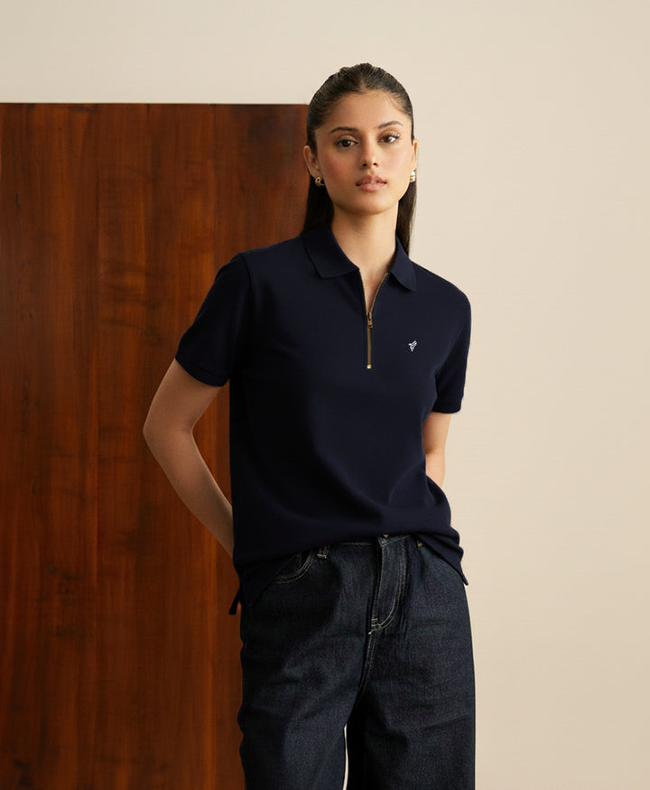Navy Basic Zip POLO (Women)