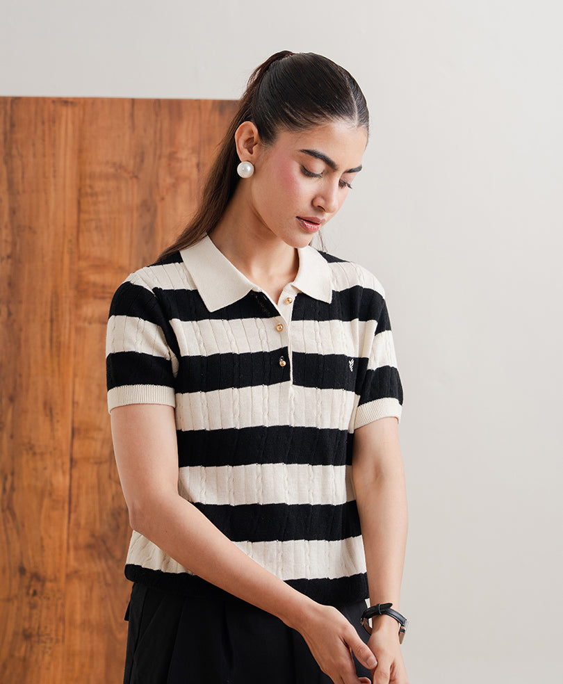Black Stripe knit POLO (Women)