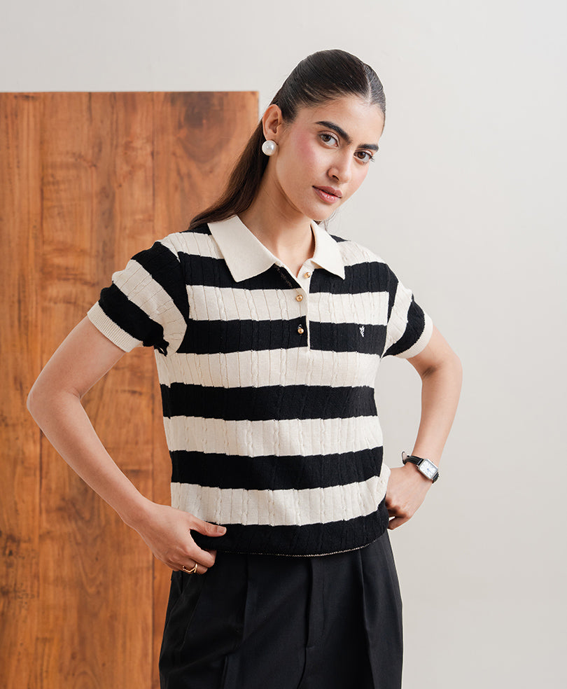 Black Stripe knit POLO (Women)