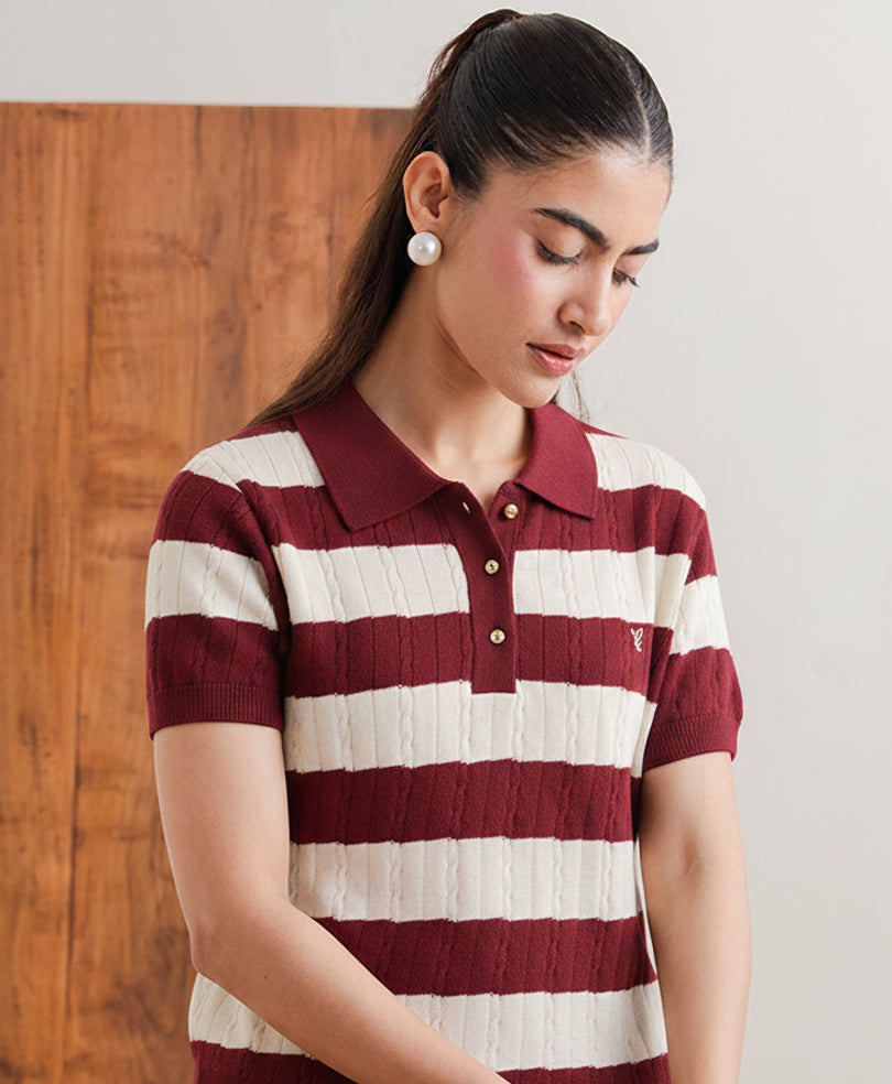 Maroon Stripe knit POLO (Women)