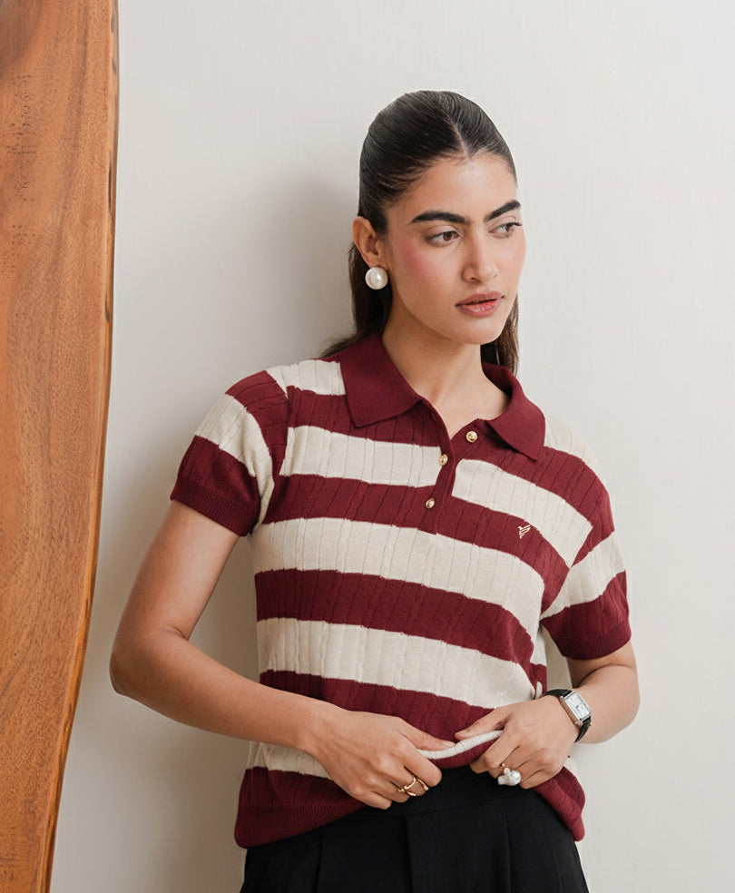 Maroon Stripe knit POLO (Women)