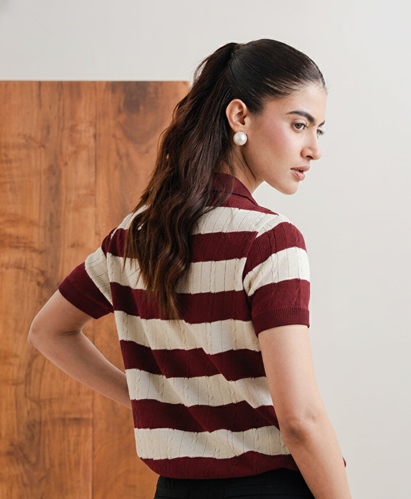 Maroon Stripe knit POLO (Women)