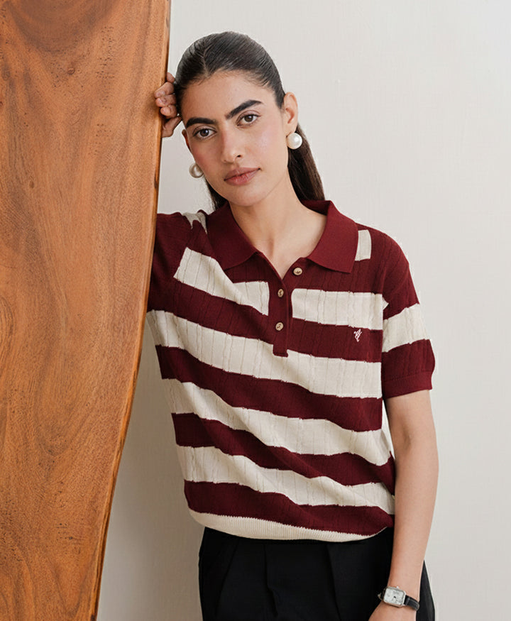 Maroon Stripe knit POLO (Women)