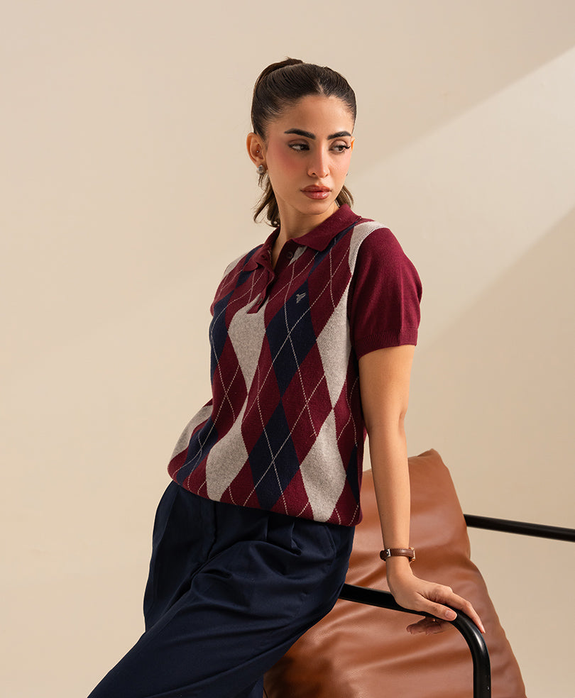 Maroon Argyle Knit POLO (Women)