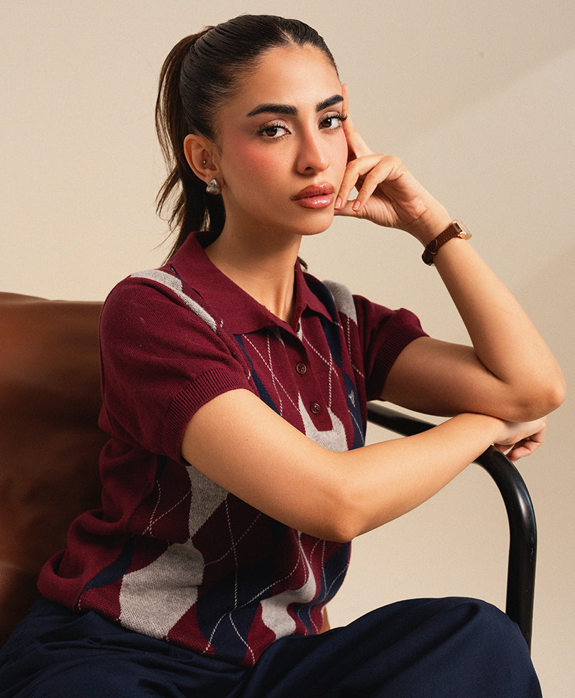 Maroon Argyle Knit POLO (Women)