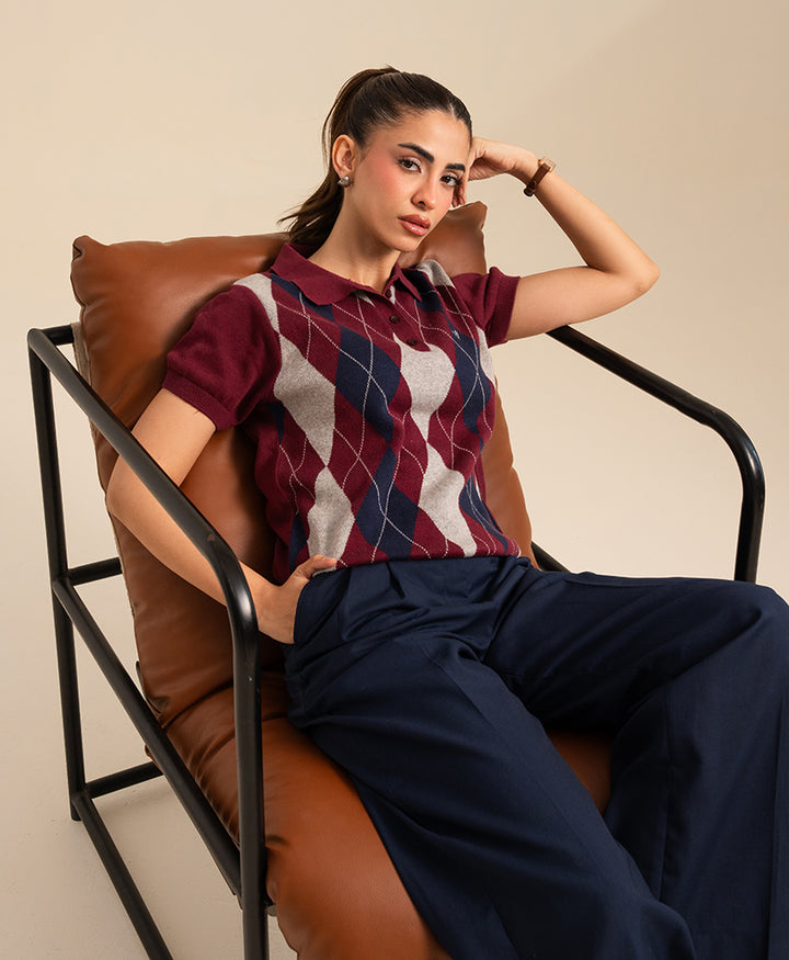 Maroon Argyle Knit POLO (Women)