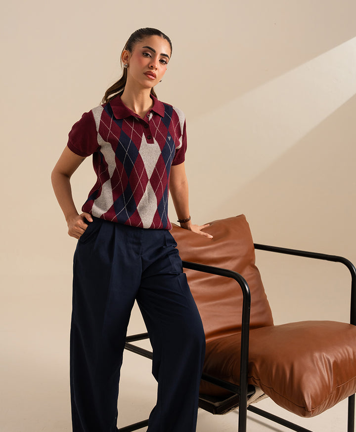 Maroon Argyle Knit POLO (Women)