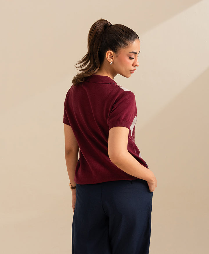 Maroon Argyle Knit POLO (Women)