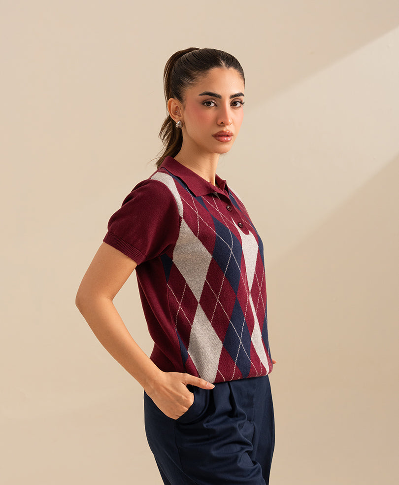 Maroon Argyle Knit POLO (Women)
