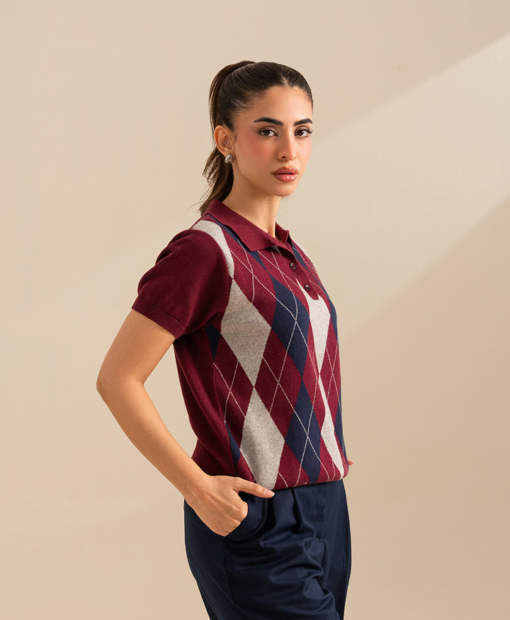 Maroon Argyle Knit POLO (Women)