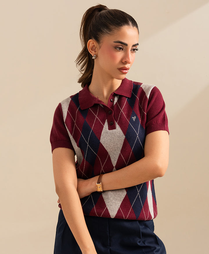 Maroon Argyle Knit POLO (Women)