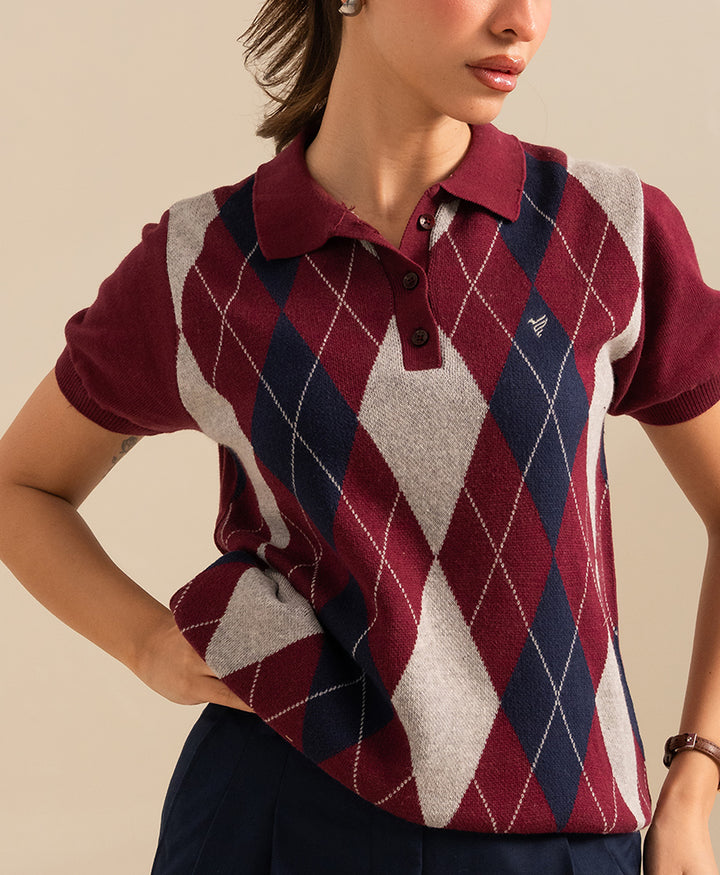 Maroon Argyle Knit POLO (Women)