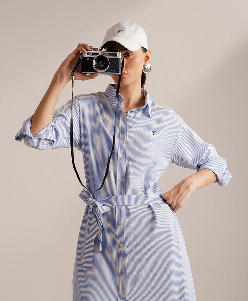 Striped Belted Shirt Dress (Women)