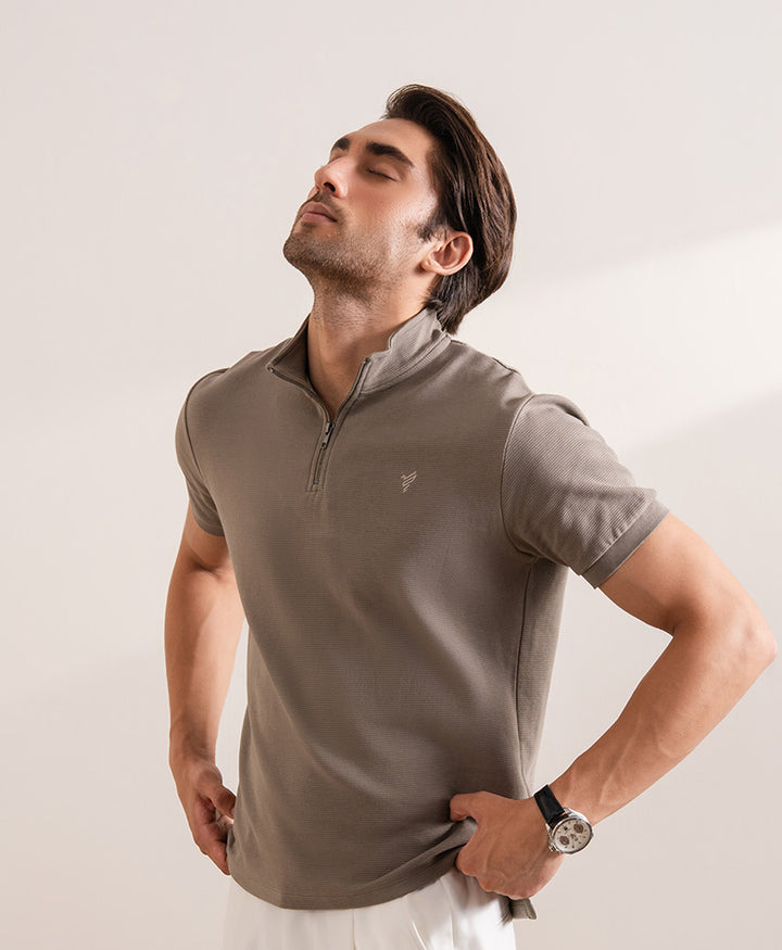 Sand Brown Mock Zip POLO