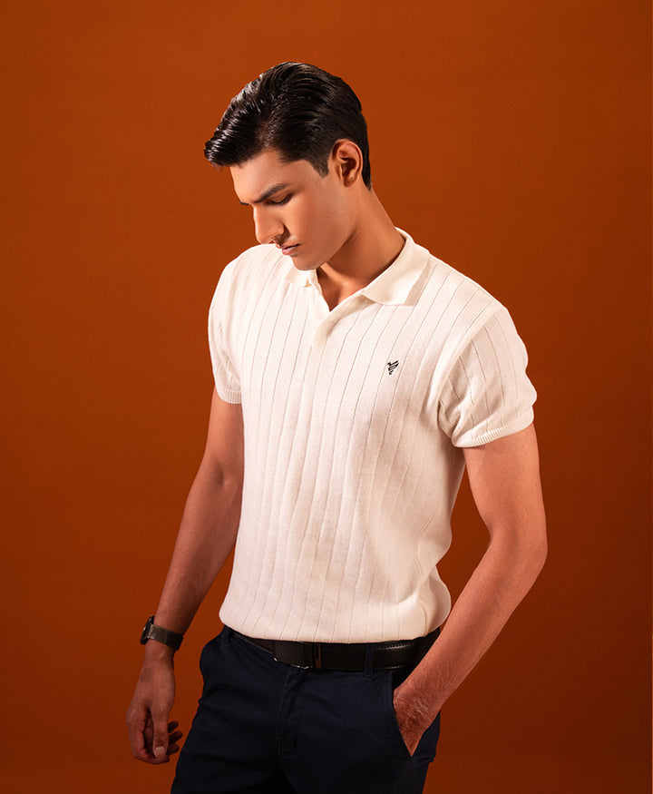 White Knitted Drop Needle POLO