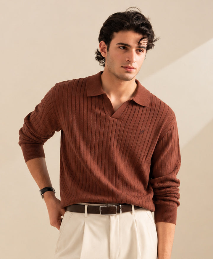 Mocha Brown Basic Ribbed POLO Sweater