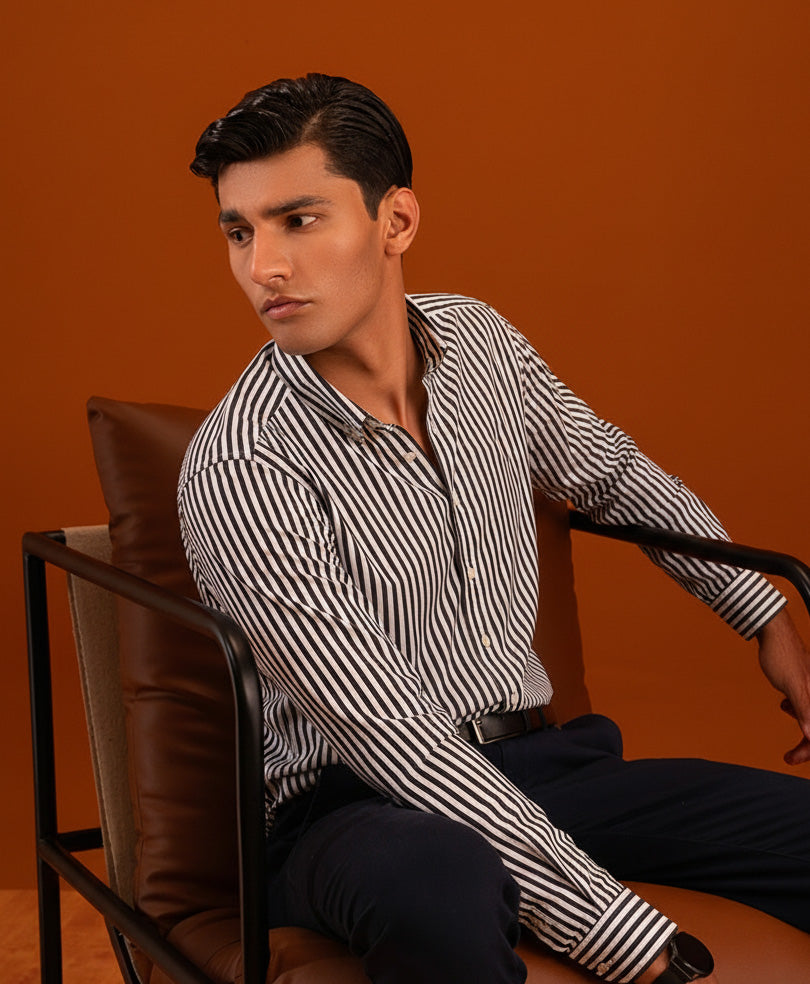 Grey & White Stripes Shirt (Slim Fit / Modern Fit)
