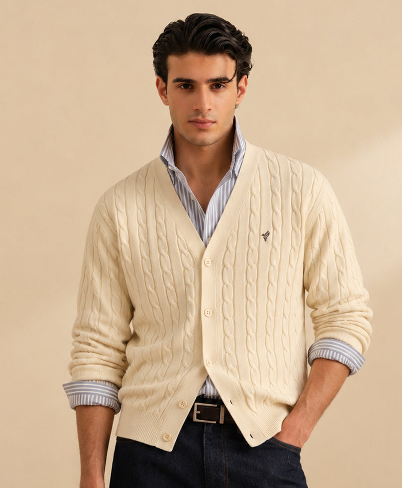 Cream White Cable knit V-Neck Cardigan