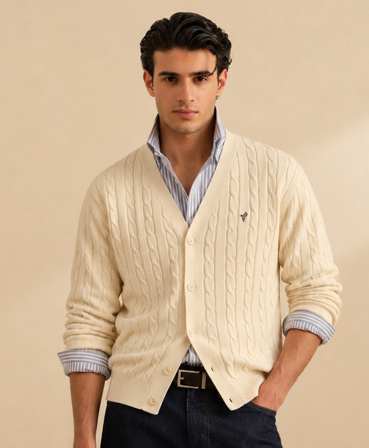 Cream White Cable knit V-Neck Cardigan