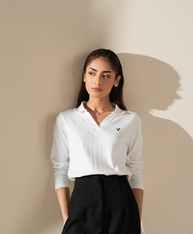 White V-Neck Drop Needle POLO (Women)