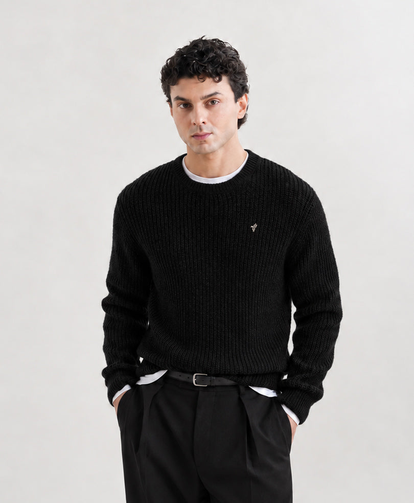 Black Basic Rib Knit Pullover