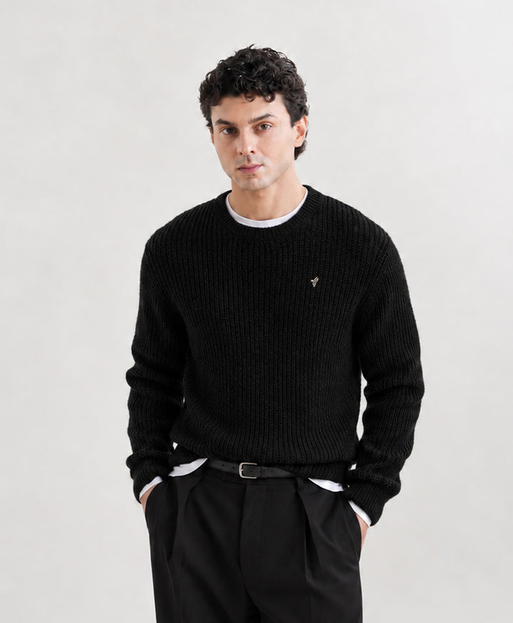 Black Basic Rib Knit Pullover