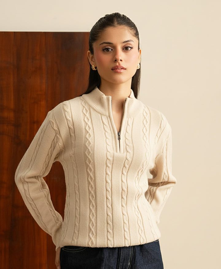 Cream Cable Zipper Sweater (Women)