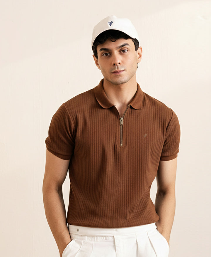Mocha Brown Fine Drop Needle Zip POLO