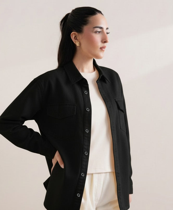 Black Denim Relaxed Fit Shacket (Women)