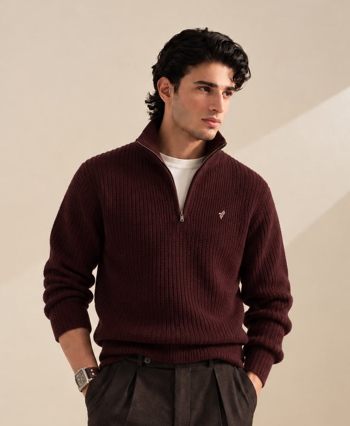 Burgundy Mock Zipper Sweater