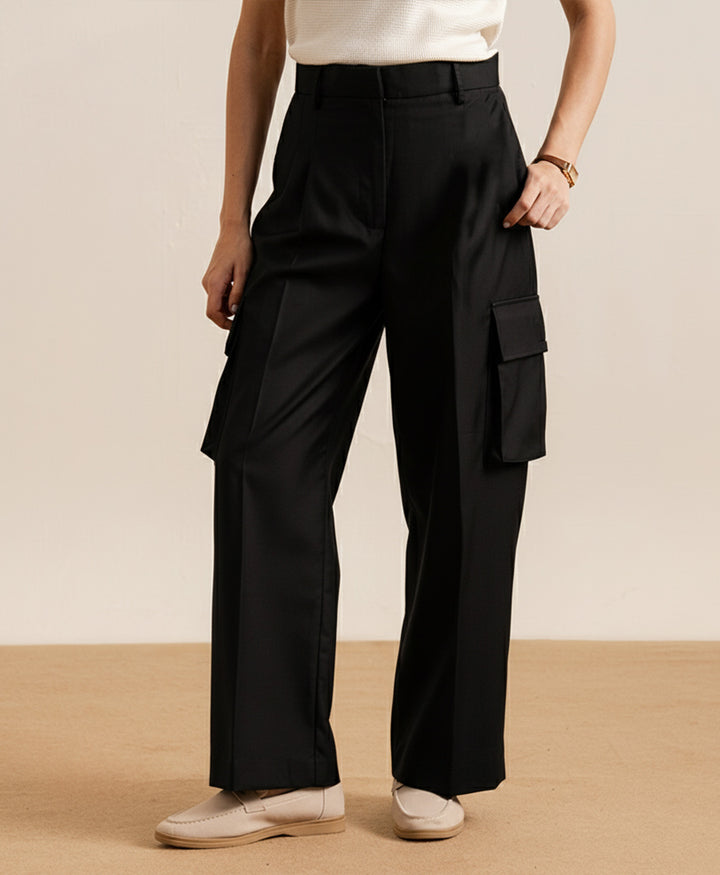 Black Cargo Wide Leg Pants (Women)
