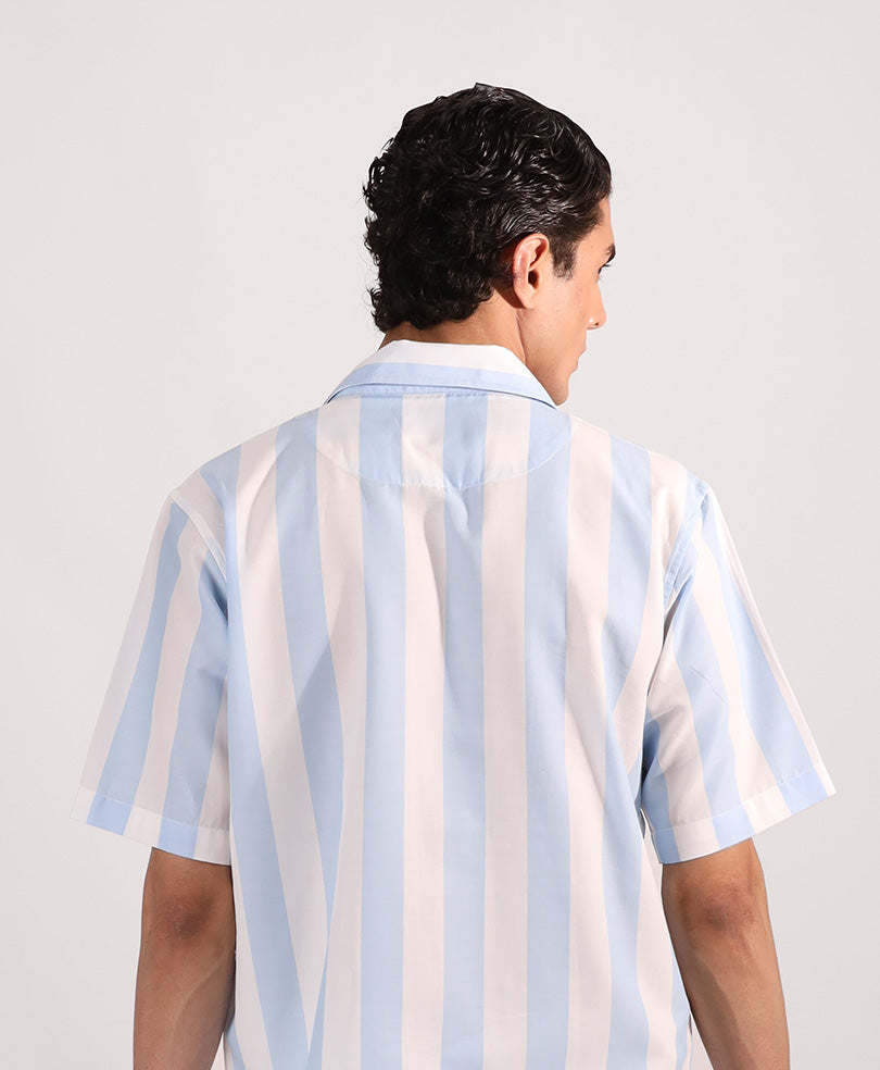 White & Lt Blue Striped Cuban Shirt