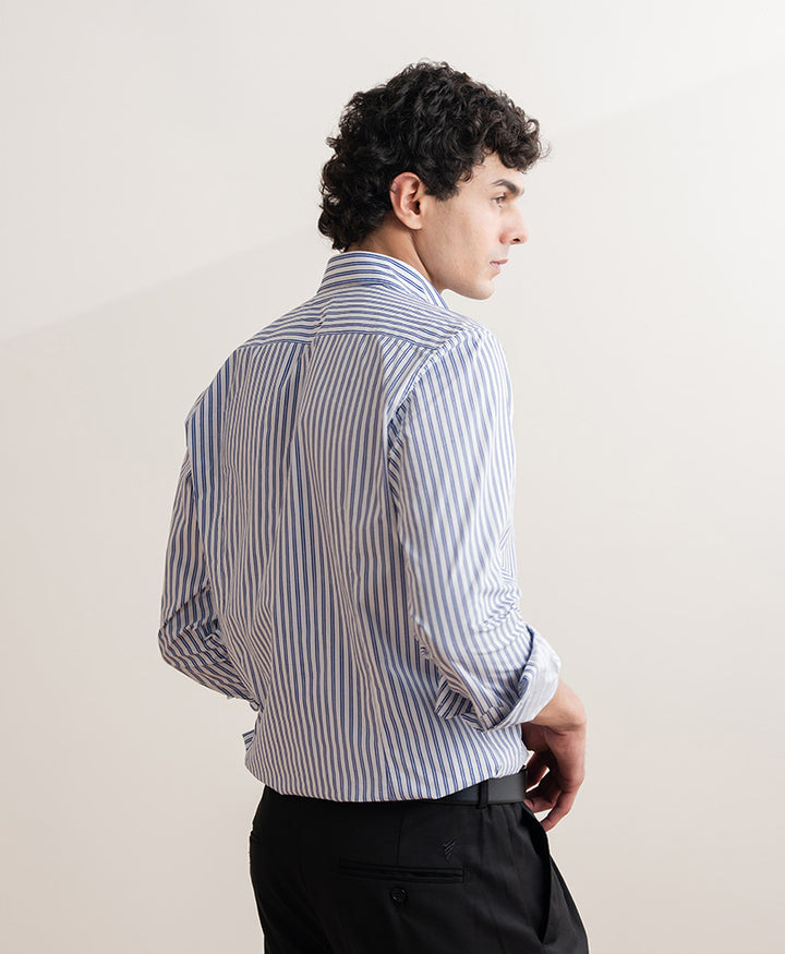 White & Navy Vertical Stripe Shirt (Slim Fit)