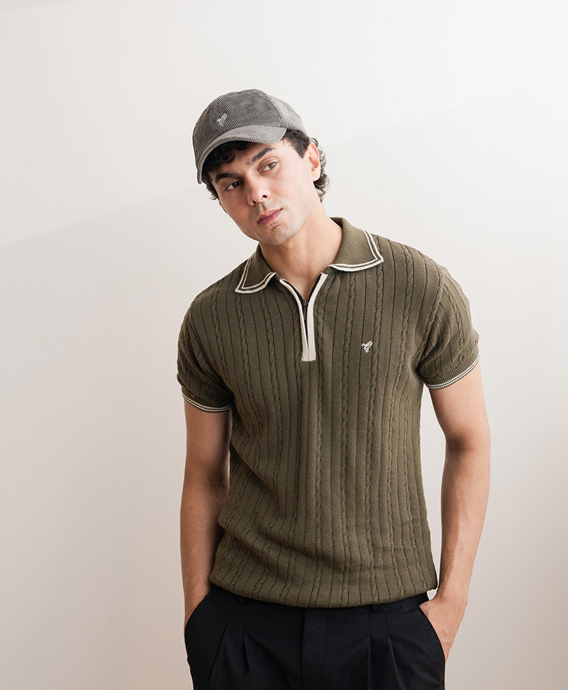 Cable knit Zip POLO Forest Olive