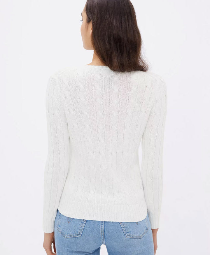 White V-Neck Cable Knit Sweater (Women)