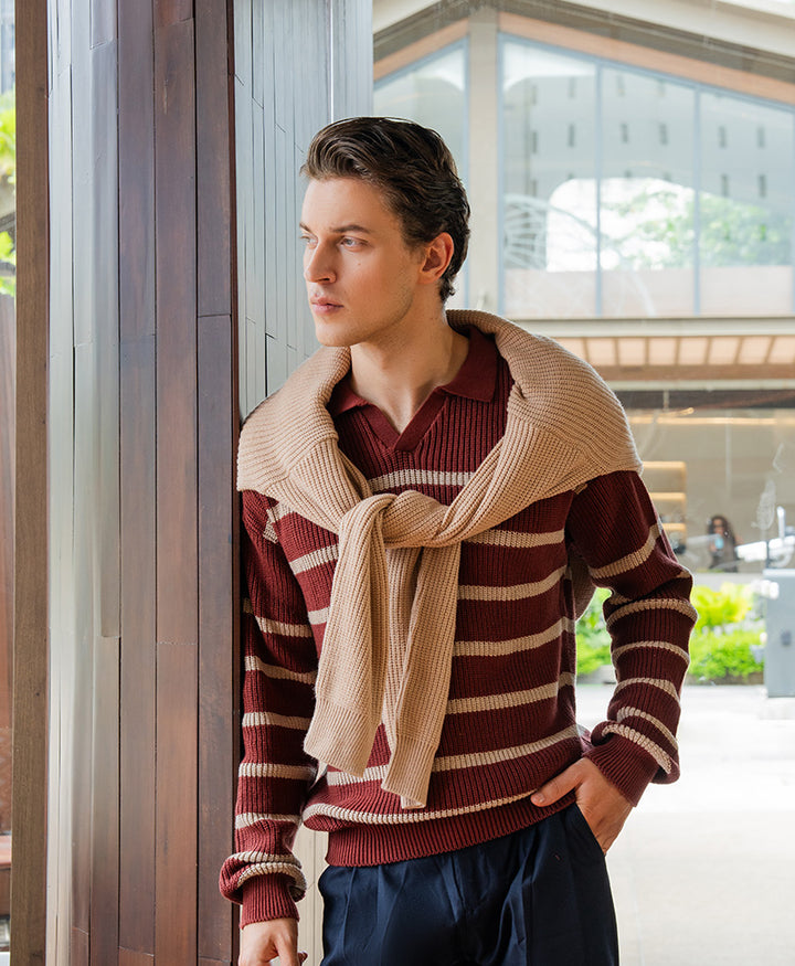 Rustic Maroon Knitted Full Sleeve POLO
