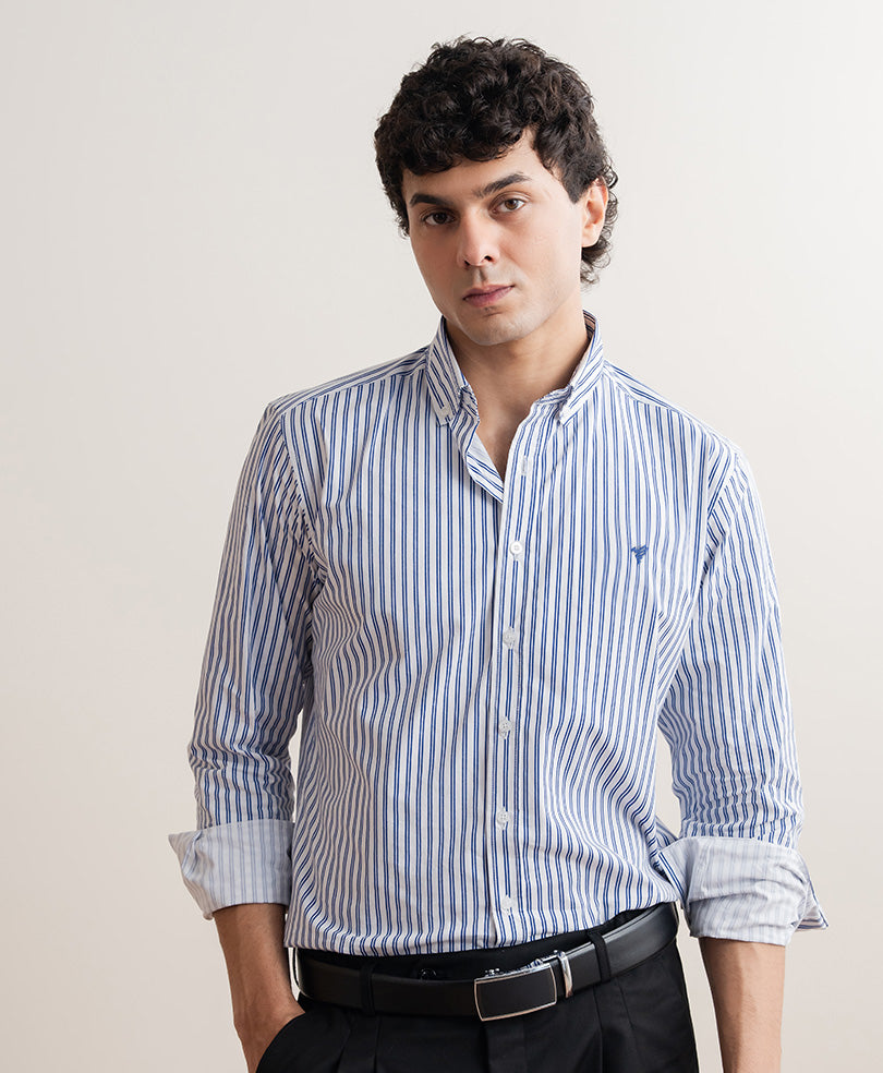 White & Navy Vertical Stripe Shirt (Slim Fit)