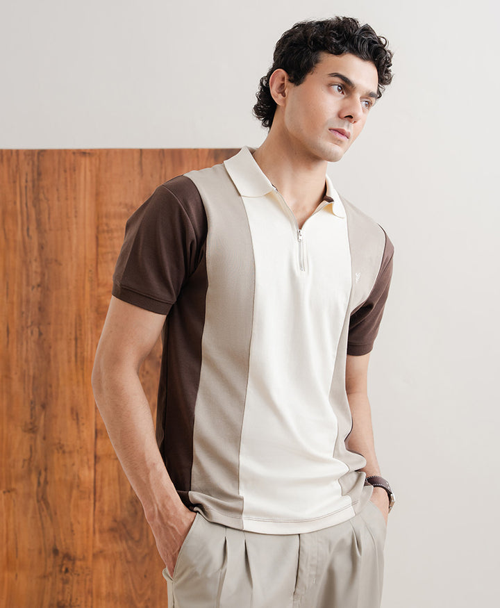 Drop Needle Contrast Zip POLO Shirt
