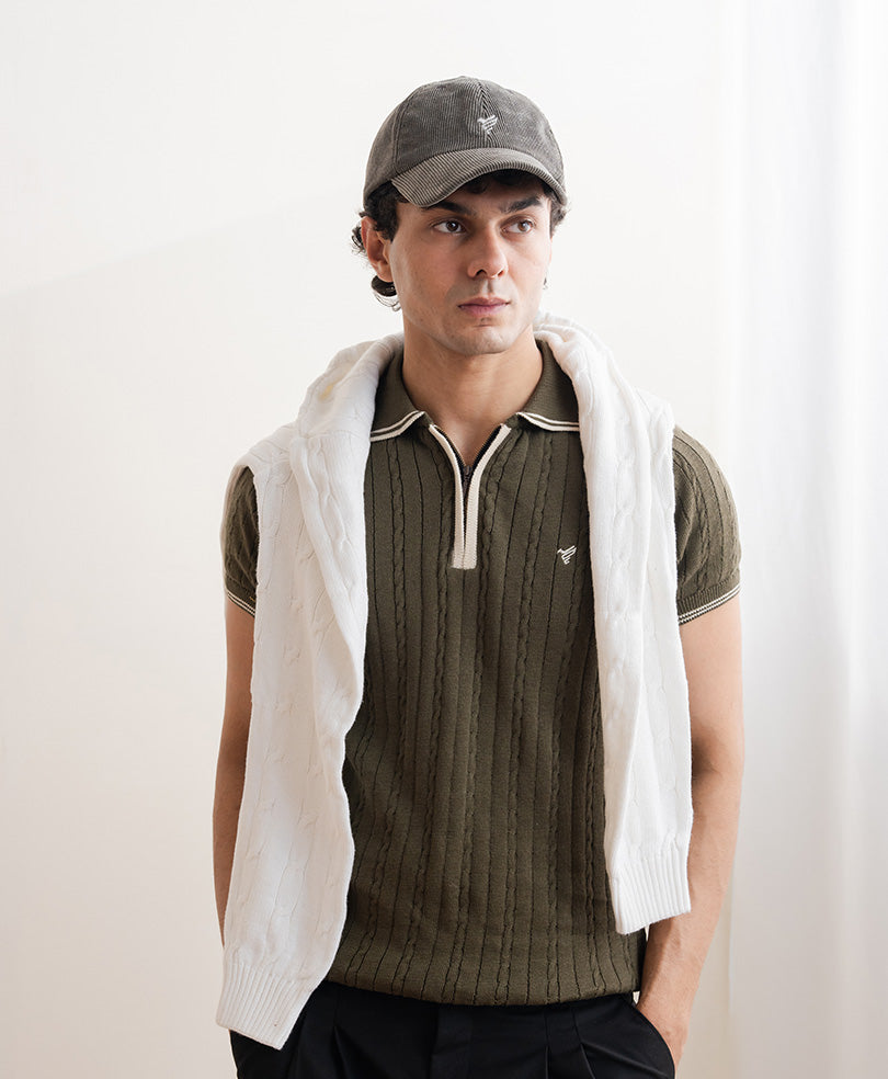 Cable knit Zip POLO Forest Olive