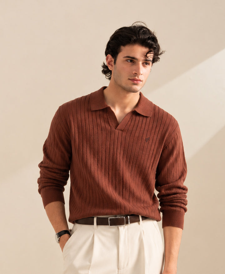 Mocha Brown Basic Ribbed POLO Sweater